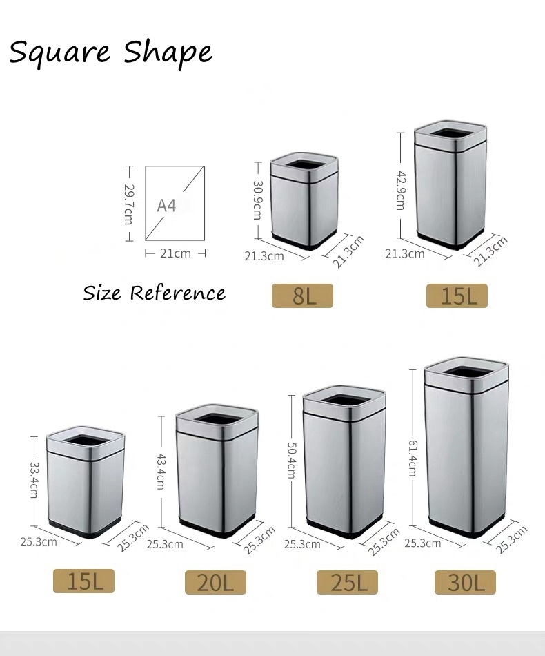 Stainless steel hotel square waste paper basket garbage bin